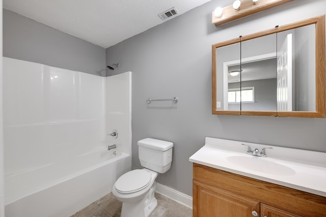 bathroom with visible vents, vanity, shower / bathtub combination, toilet, and baseboards
