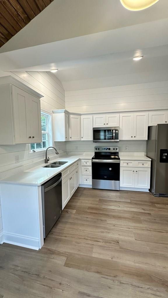 1420 Cleo Way, Dalton, GA 30720 - kitchen featuring stainless steel appliances, a sink, light countertops, vaulted ceiling, and white cabinets