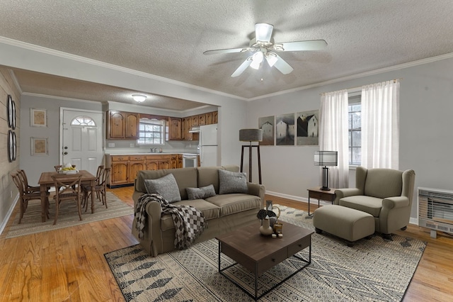 living area featuring crown molding, heating unit, light wood-style floors, and a textured ceiling