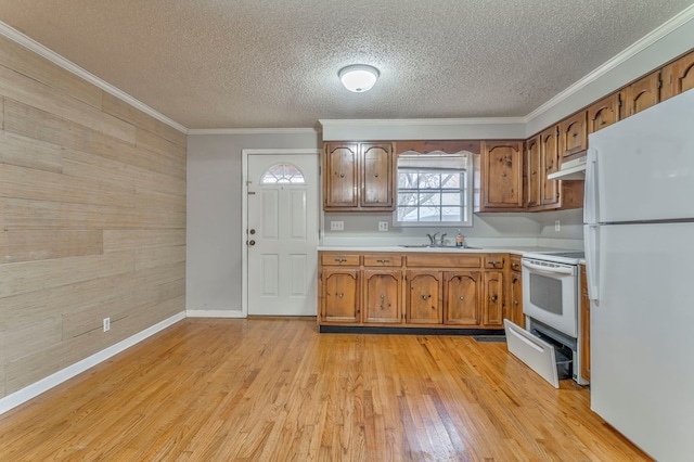 kitchen featuring white appliances, light wood-style flooring, a sink, light countertops, and under cabinet range hood