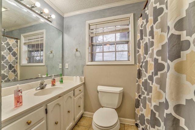 full bathroom featuring tile patterned floors, toilet, a textured ceiling, crown molding, and vanity