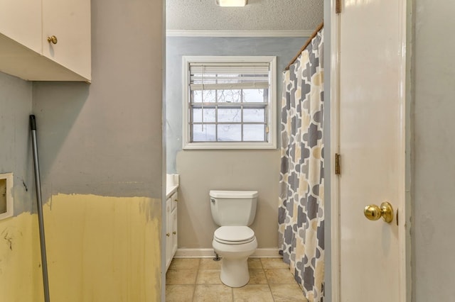 bathroom with baseboards, a textured ceiling, curtained shower, tile patterned floors, and toilet