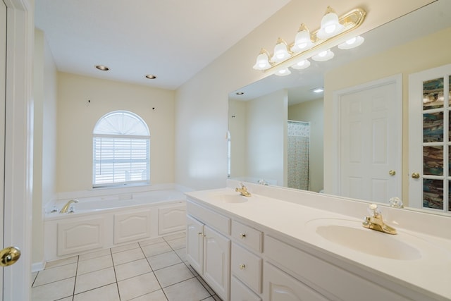 bathroom featuring vanity, independent shower and bath, and tile patterned flooring