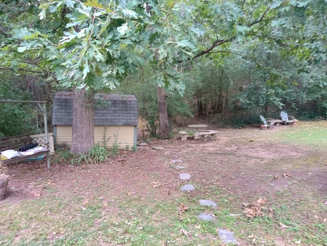 view of yard featuring a storage shed