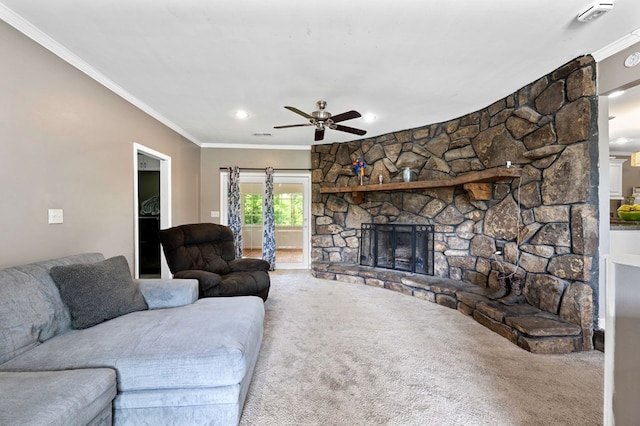 3414 Chattanooga Rd, Tunnel Hill, GA 30755 - living area featuring carpet floors, ornamental molding, a ceiling fan, and a stone fireplace
