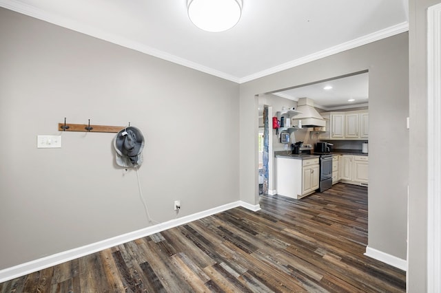 3414 Chattanooga Rd, Tunnel Hill, GA 30755 - kitchen with stainless steel range with electric cooktop, custom exhaust hood, dark wood-style flooring, dark countertops, and crown molding