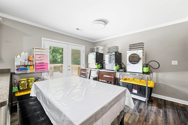 3414 Chattanooga Rd, Tunnel Hill, GA 30755 - playroom with washer / clothes dryer, french doors, ornamental molding, and dark wood-style floors