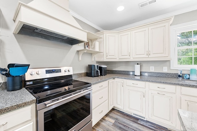 3414 Chattanooga Rd, Tunnel Hill, GA 30755 - kitchen with electric stove, ornamental molding, wood finished floors, open shelves, and custom range hood