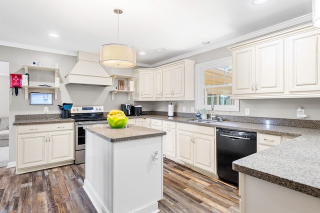 3414 Chattanooga Rd, Tunnel Hill, GA 30755 - kitchen with premium range hood, stainless steel electric range, black dishwasher, open shelves, and ornamental molding