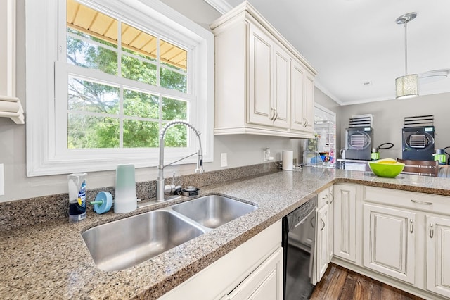 3414 Chattanooga Rd, Tunnel Hill, GA 30755 - kitchen with black dishwasher, healthy amount of natural light, ornamental molding, hanging light fixtures, and white cabinetry
