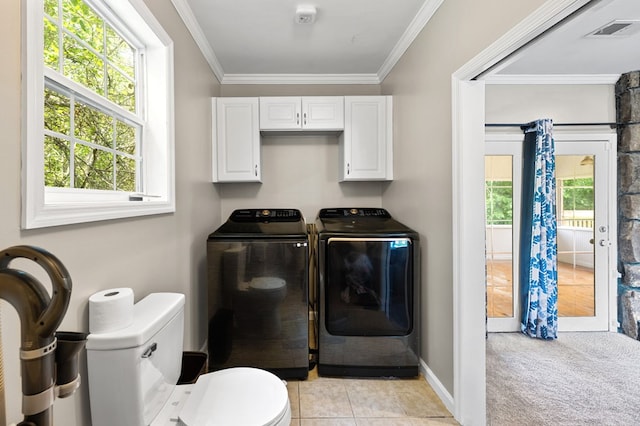 3414 Chattanooga Rd, Tunnel Hill, GA 30755 - laundry area with washer and dryer, crown molding, light tile patterned floors, and light colored carpet