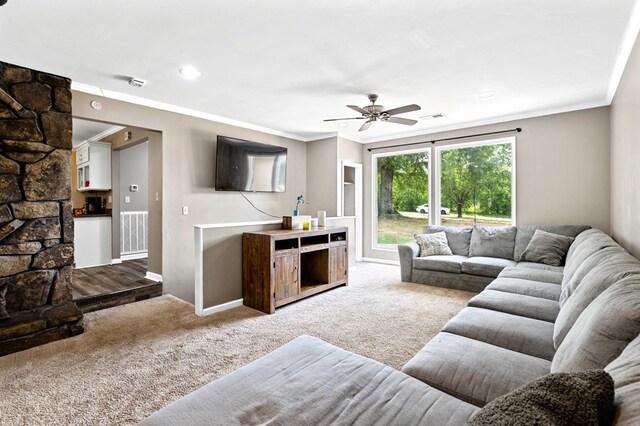 3414 Chattanooga Rd, Tunnel Hill, GA 30755 - living area with carpet, crown molding, and ceiling fan
