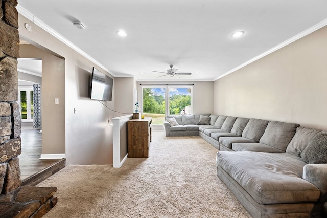 3414 Chattanooga Rd, Tunnel Hill, GA 30755 - carpeted living room with ornamental molding, a ceiling fan, and recessed lighting