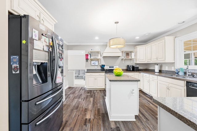 3414 Chattanooga Rd, Tunnel Hill, GA 30755 - kitchen featuring stainless steel appliances, ornamental molding, dark wood-style floors, premium range hood, and pendant lighting