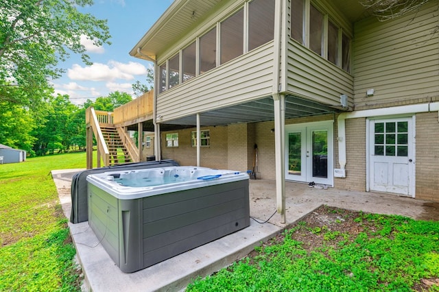 3414 Chattanooga Rd, Tunnel Hill, GA 30755 - view of patio featuring a hot tub, a sunroom, stairs, french doors, and a wooden deck