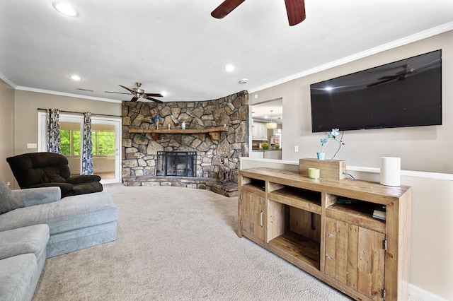 3414 Chattanooga Rd, Tunnel Hill, GA 30755 - living area with a ceiling fan, carpet, crown molding, recessed lighting, and a stone fireplace