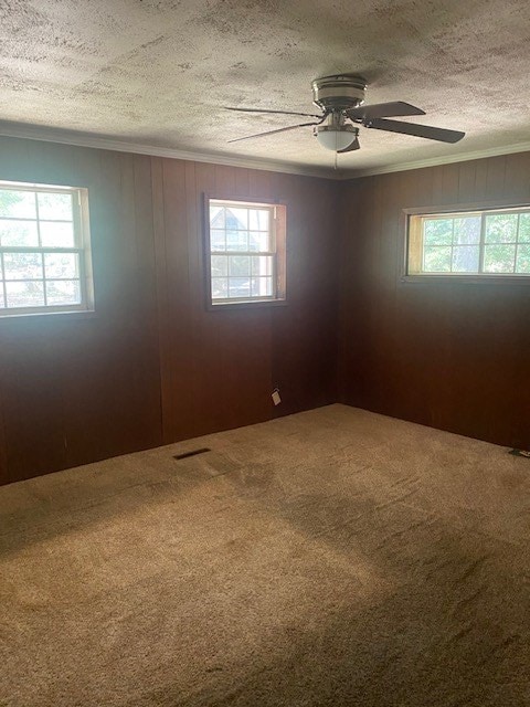 carpeted spare room with ornamental molding, plenty of natural light, ceiling fan, and a textured ceiling