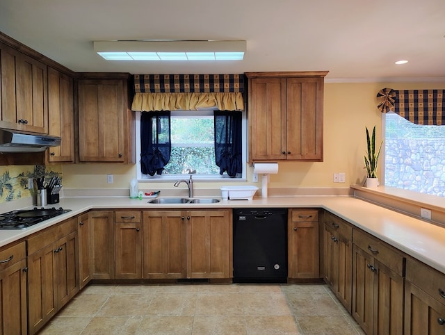 kitchen with light countertops, dishwasher, cooktop, under cabinet range hood, and a sink