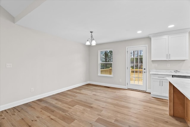 288 Flag Way, Chatsworth, GA 30705 - unfurnished dining area featuring baseboards, recessed lighting, an inviting chandelier, and light wood-style floors