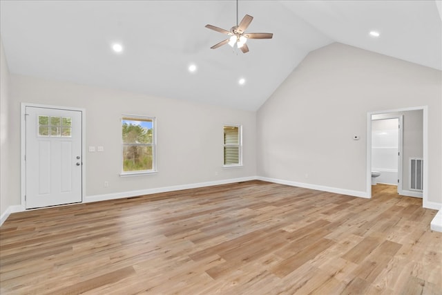288 Flag Way, Chatsworth, GA 30705 - unfurnished living room featuring a ceiling fan, baseboards, light wood finished floors, and visible vents