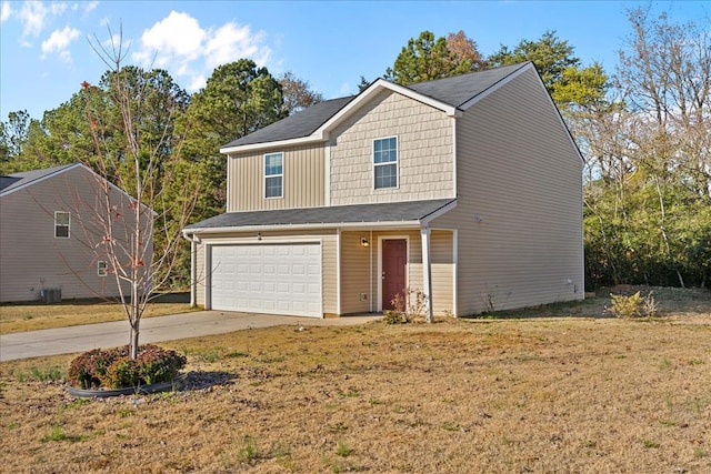 view of front facade featuring cooling unit, a garage, and a front lawn