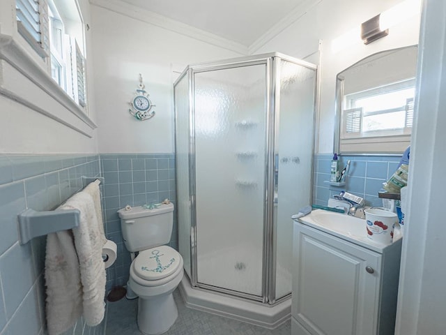 209 Kenemer Cir, Dalton, GA 30720 - full bath featuring tile walls, vanity, a shower stall, toilet, and ornamental molding