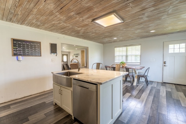 kitchen with stainless steel dishwasher, wood ceiling, white cabinetry, a center island with sink, and a sink