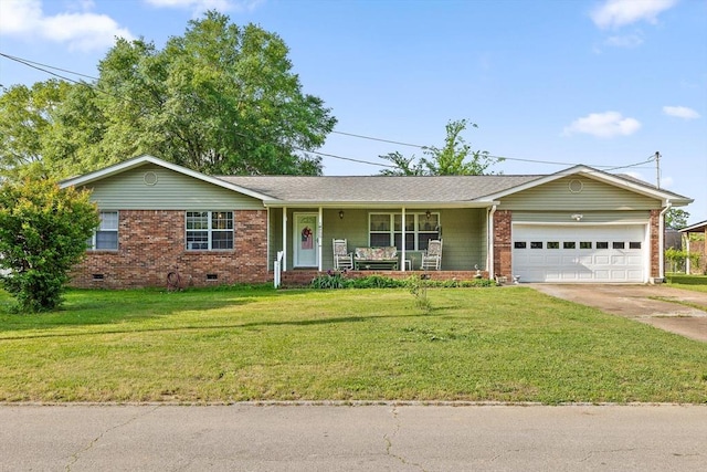ranch-style house featuring covered porch, crawl space, driveway, a garage, and brick siding