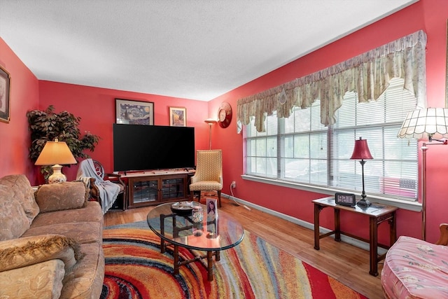 living area featuring baseboards and wood finished floors