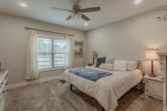bedroom featuring recessed lighting, baseboards, a ceiling fan, and carpet floors