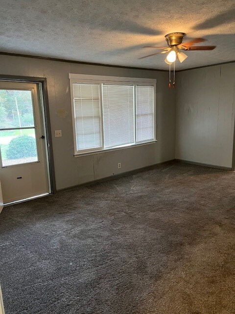 carpeted spare room with ceiling fan and a textured ceiling