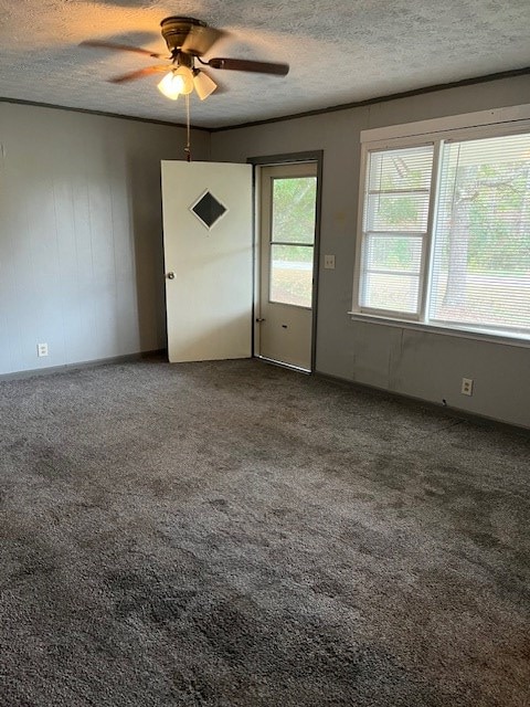 carpeted spare room featuring ceiling fan and a textured ceiling