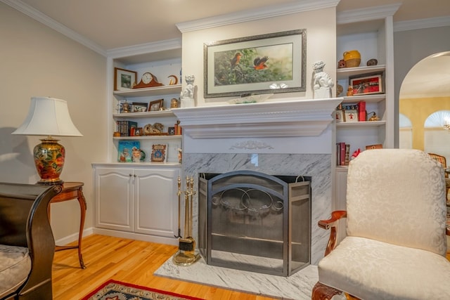 1694 Burnt Oak Dr Unit 208, Dalton, GA 30721 - living room with light wood-style floors, arched walkways, crown molding, built in shelves, and a fireplace