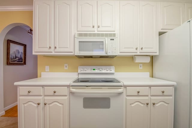1694 Burnt Oak Dr Unit 208, Dalton, GA 30721 - kitchen with white appliances, light countertops, white cabinets, and ornamental molding