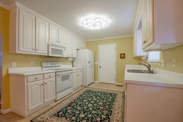 1694 Burnt Oak Dr Unit 208, Dalton, GA 30721 - kitchen with white appliances, light tile patterned flooring, ornamental molding, white cabinets, and light countertops