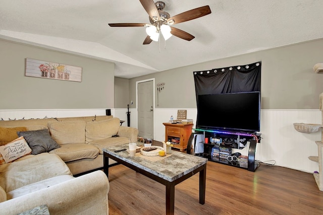 2032 Mill Creek Rd, Rocky Face, GA 30740 - living room featuring wood-type flooring, vaulted ceiling, a textured ceiling, and ceiling fan