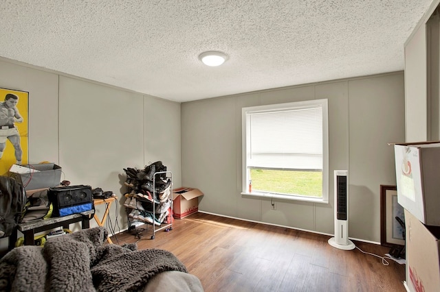 miscellaneous room featuring hardwood / wood-style floors and a textured ceiling