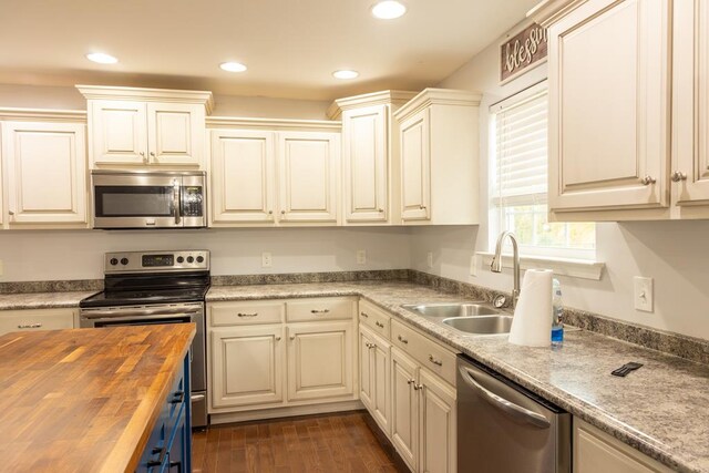 kitchen featuring stainless steel appliances, sink, wooden counters, and dark hardwood / wood-style flooring