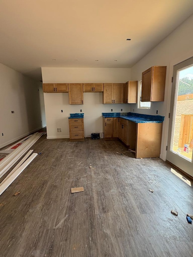 4327 Cronan Dr, Cohutta, GA 30710 - kitchen with dark wood-type flooring, baseboards, and dark countertops