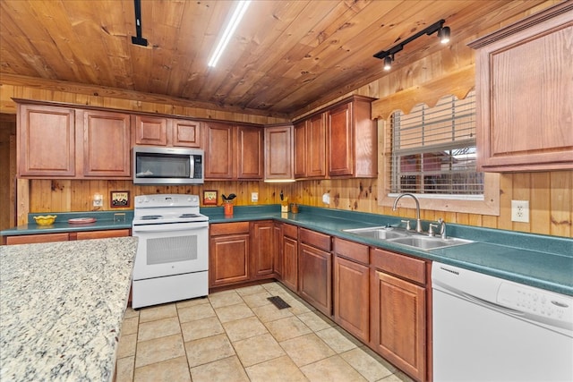 kitchen with wooden walls, sink, track lighting, wooden ceiling, and white appliances