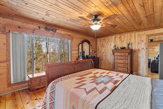 bedroom featuring wood ceiling, wooden walls, light hardwood / wood-style floors, and ceiling fan