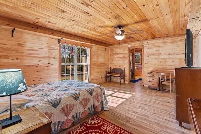 bedroom with wooden walls, light hardwood / wood-style floors, and wooden ceiling