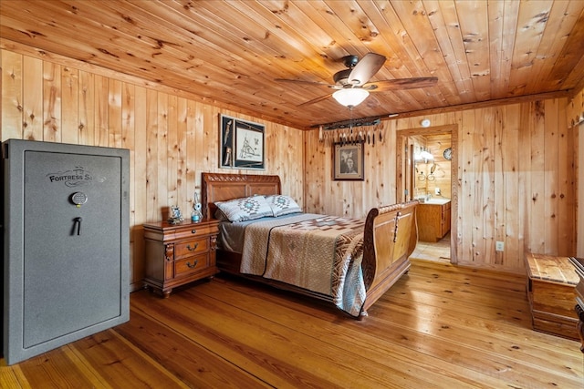 bedroom featuring wood walls, light hardwood / wood-style floors, and wooden ceiling