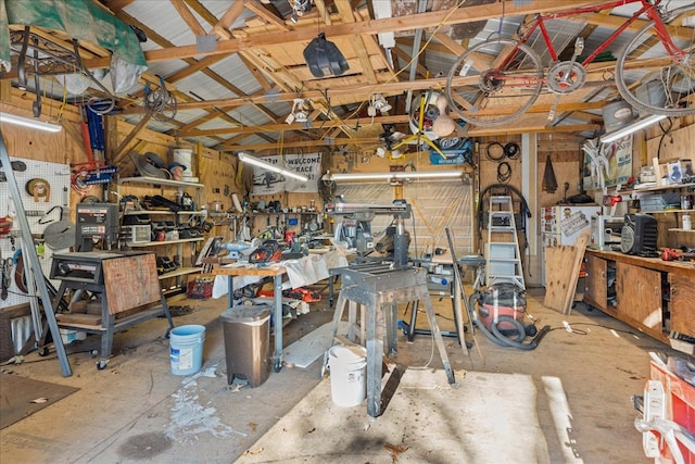 miscellaneous room with lofted ceiling and a workshop area