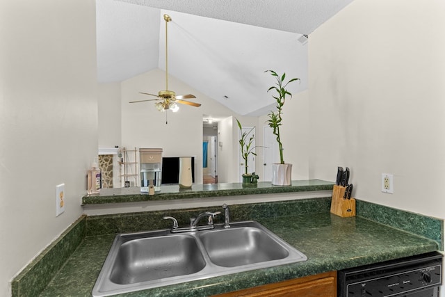 163 Shawn Ln, Chatsworth, GA 30705 - kitchen featuring vaulted ceiling, a ceiling fan, black dishwasher, and dark countertops