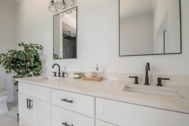 209 Crest Dr, Rocky Face, GA 30740 - bathroom featuring ornamental molding, toilet, double vanity, a shower, and marble finish flooring