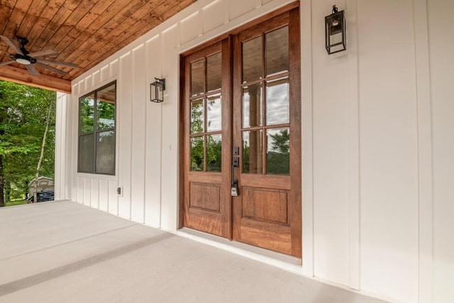 209 Crest Dr, Rocky Face, GA 30740 - doorway to property with french doors, a ceiling fan, and board and batten siding