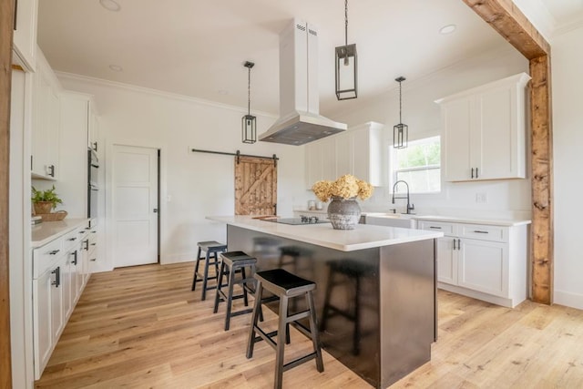 209 Crest Dr, Rocky Face, GA 30740 - kitchen with island range hood, a barn door, crown molding, light countertops, and white cabinets