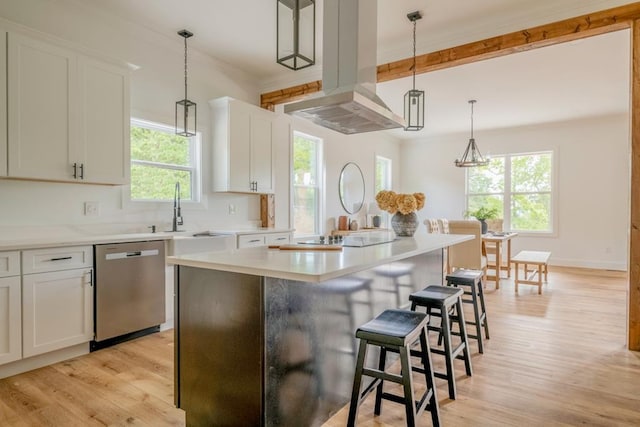209 Crest Dr, Rocky Face, GA 30740 - kitchen with dishwasher, island range hood, a sink, light wood-style floors, and beamed ceiling