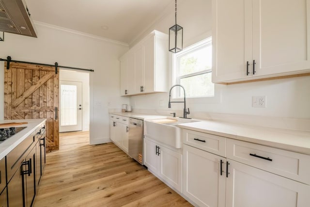 209 Crest Dr, Rocky Face, GA 30740 - kitchen featuring a sink, dishwasher, ornamental molding, white cabinetry, and light countertops